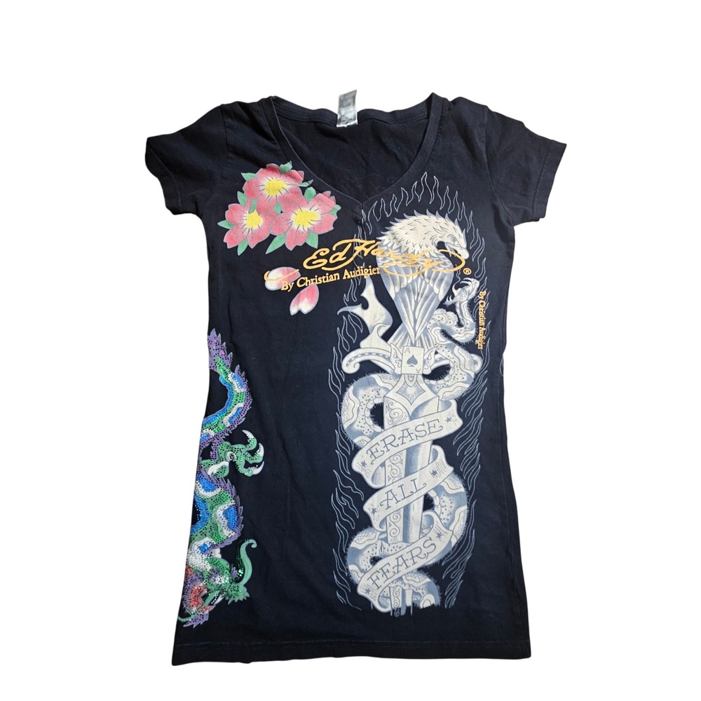 Ed Hardy Christian Audigier Erase All Fears Graphic V-Neck Tee XL Punk 90s Y2K